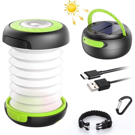 2-in-1 Rechargeable Folding Solar Camping Lantern, Outdoor Folding Pocket Telescopic Lamp with USB C Cable, 3 Brightness Levels, 800mAh Battery, 12H Max Battery Life for Hiking