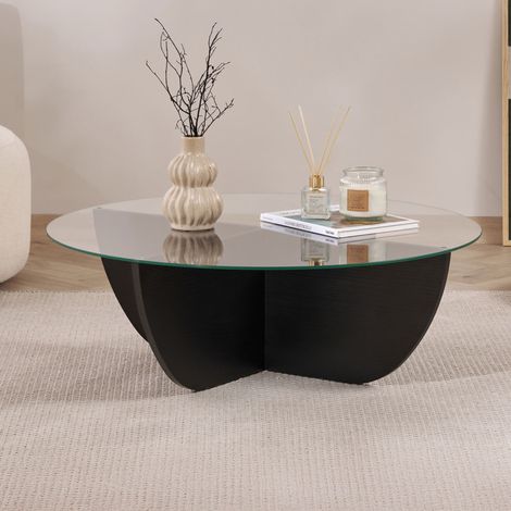 NESIA - Table basse en verre piètement couleur bois noir D90 cm