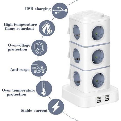 NALOOKAMIC Tour Multiprise, 12 Prises Multiprise Electrique (2500W / 10A) avec 4 Ports USB, Multi Prises électriques Parafoudre Multiprise Verticale pour Maison Bureau, Rallonge 3M