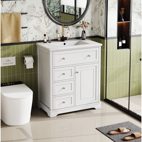 Mueble de baño con lavabo 76 x 46 x 87 cm, blanco, 3 cajones silenciosos y 1 puerta HAVRYA (1/5)