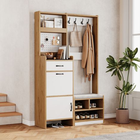Meuble d'entrée 108,5x35x180 cm en panneaux de bois chêne et blanc, avec rangement FloraGrace (1/5)