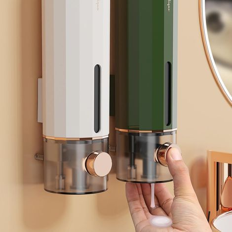 (Blanc et Vert)Distributeur Savon Mural, Lot de 2 Distributeur Savon 450 ML sans Perçage Porte Savon Liquide Distributeur de Universel pour Gel Douche (1/5)