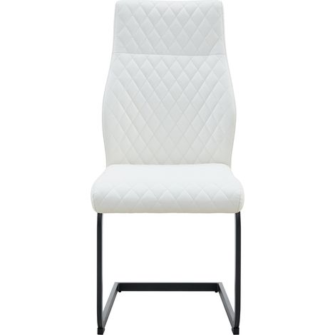 Ensemble table et chaises. Table à manger ronde en MDF noyer de 100 cm avec pieds cylindriques et design à fixation par Velcro, avec 4 chaises de salle à manger blanches à motif losange sur le dossier (1/5)