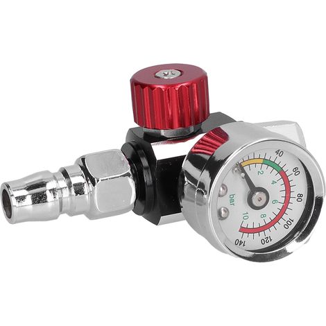 Régulateur de pression air pour pistolet à peinture filetage G1/4in vanne réglage manomètre acier inoxydable 0-140psi/0-10bar argent rouge 136g (1/5)