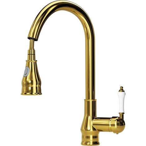 Robinet de Cuisine avec Douchette Extractible, 2 Modes Mitigeur de Cuisine, Douchette robinet cuisine Doré 360° en Iaiton, Mitigeur Eau Chaude et Froide, Rétro de luxe léger (1/5)