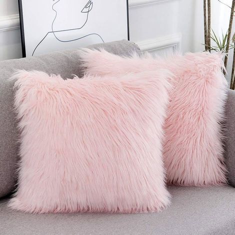 Set mit 2 Kissenbezügen – Rosa Kunstfell in Merino-Optik, dekorativ und luxuriös, quadratisch 45 x 45 cm (1/4)