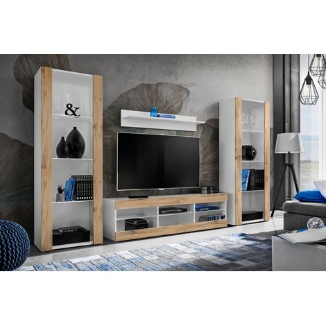 Komodee Ensemble de Meubles Tivoli Grande, Blanc/Wotan, Largeur 250cm x Hauteur 159cm x Profondeur 35cm, sans LED, 3 étagères, pour Salon, Chambre, Entrée