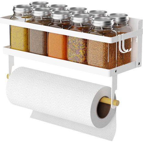 Étagère magnétique pour épices avec support pour serviettes en papier, rouleau et crochet - Organisateur de cuisine, couleur blanche (1/5)