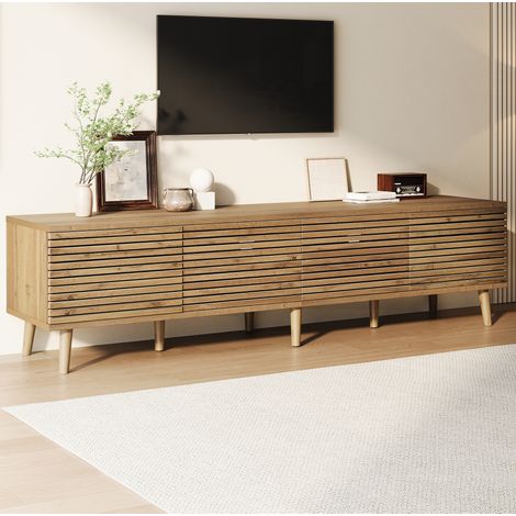 Meuble TV 180x40x46 cm pour téléviseur jusqu'à 75 pouces, 4 portes, rangement, bois naturel (1/5)