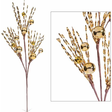 Branches décoratives de Noël avec filaments, boules et clochettes dorées, lot de 8, H. 45 cm (75 cm avec tige)
