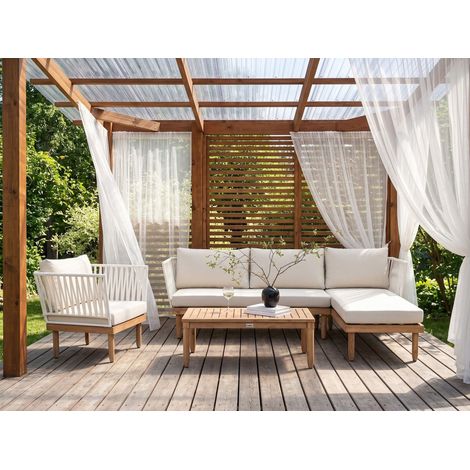 Conjunto de jardín sofá esquinero izquierdo sillón y mesa de centro madera de acacia blanco Cremona (1/5)