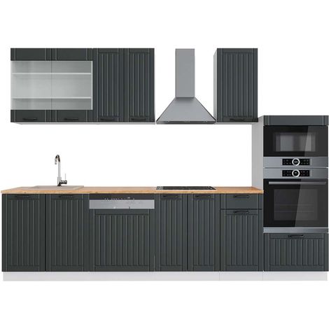 Mueble de cocina Fame-Line, Antracita casa de campo/blanco, 300 cm con armario alto, ET Roble, Vicco
