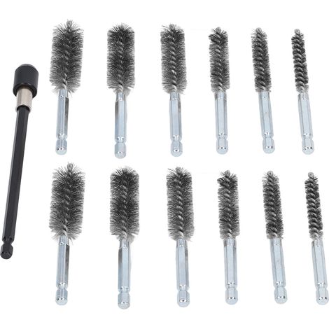 Jeu de 13 brosses métalliques pour perçage de 8 à 19 mm, avec rallonge de 15 cm pour nettoyage de trous, compatible mandrin 1/4". (1/5)