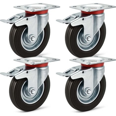 Wiltec Doppelstopp-Lenkrollen Set 4x Vollgummirad Transportrolle 200mm bis 150kg pro Rad mit Feststellbremse und Anbauplatte, leiser Lauf, Transportrollen Möbelrollen