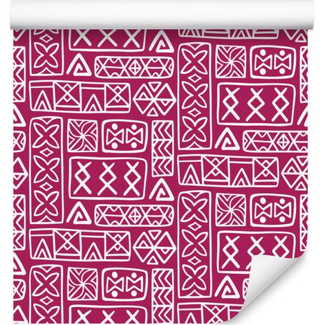 Carta da parati con motivo geometrico polinesiano, viola e rosa cipria, 50x1000 cm (1/5)