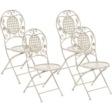 Conjunto de 4 sillas de balcón hierro blanco crema metal envejecido plegable exterior resistente a los rayos UV estilo retro francés Bivio