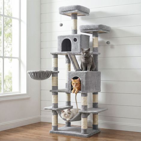 Arbre à Chat, Hauteur 165 cm, 2 Plate-formes, 13 Griffoirs, Panier, Hamac, 2 Niches, Pompon, Tissu Peluche, Gris Clair (1/5)
