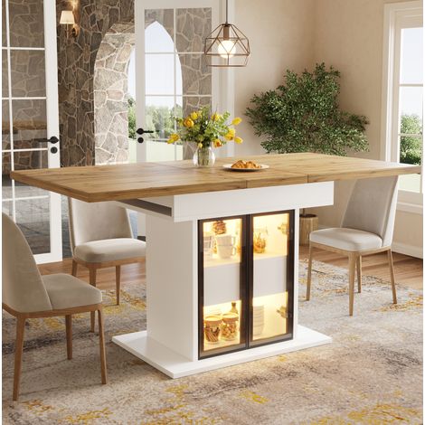 Mesa de comedor extensible con almacenamiento y LED RGB, 110-140 cm, blanco, OKWISH (1/5)