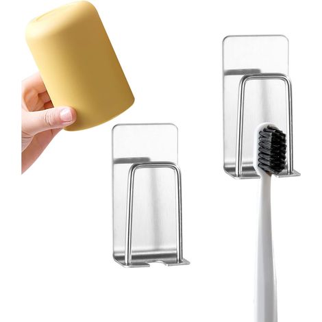 2er-Pack 2-in-1-Zahnbürstenhalter, ohne Bohren, Wandmontage, Becher-Zahnbürstenhalter, langlebig, selbstklebend für die Platzierung von Bechern (Silber)