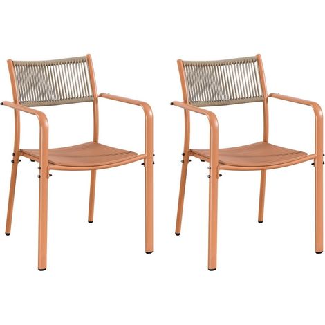 Pair of Rope Effect Backed Bistro Arm Chair - Metal/Plastic - L56 x W54 x H80 cm - Terracotta - Flat Packed