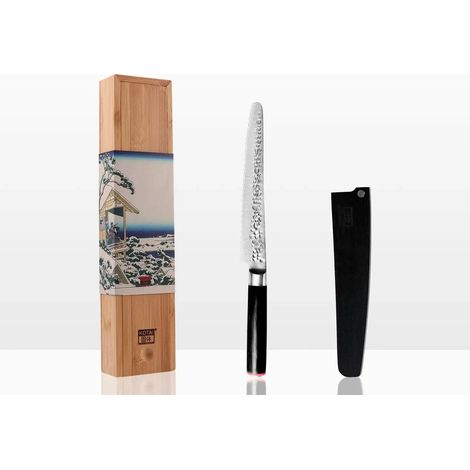 Couteau à pain et pâtisserie cranté en acier 440C manche pakkawood noir avec étui bambou 20 cm - PANGIVO (1/5)