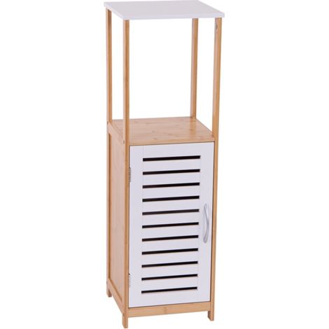 mobile multiuso con anta bianco e legno in bamboo, 30x30x96 cm (1/2)