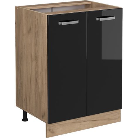 Meuble bas de cuisine R-Line, Noir Haute brillance, 60 cm sans plan de travail, Vicco (1/5)
