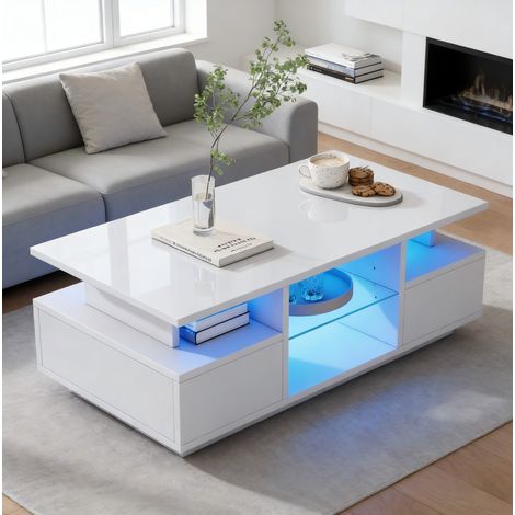 Tavolino LED 100 x 50 x 36 cm con 2 cassetti, bianco DESVIAE (1/5)
