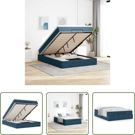 Sommier hydraulique - Cadre de lit ottoman avec matelas bleu foncé 140x190 cm velours (1/5)