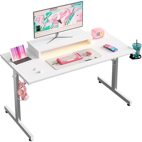 LED Desk 106 cm - Integrated Screen Stand, Cup Holder & Headphone Hook - White Carbon Fiber Design - Compact Computer Table for PC Gaming and Home Office (1/5)