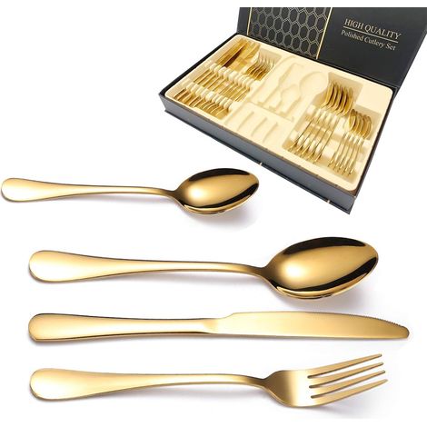 24 pièces Couverts de Table Dorés Inox Servant pour 6 Personnes Moderne en Acier Inoxydable Or Ensemble de Couvert Réutilisables Poli Miroir Design (1/5)