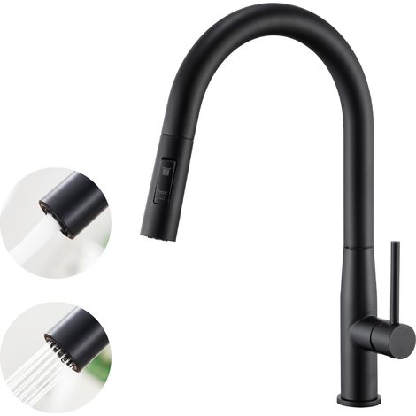 Auralum ausziehbare Küchenarmatur, Hochdruck Wasserhahn aus Edelstahl, 360° schwenkbar, Mischbatterie mit 2 Strahlarten, Schwarz (1/5)