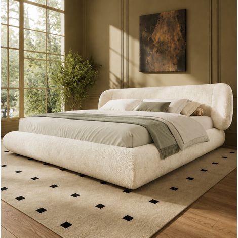 Lit adulte 160x200 cm rembourré en chenille avec tête de lit, sommier à lattes, bords arrondis, beige (1/5)