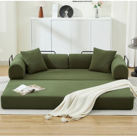 Sofá cama de 3 plazas, convertible, sin montaje, tejido de corduroy verde (1/5)