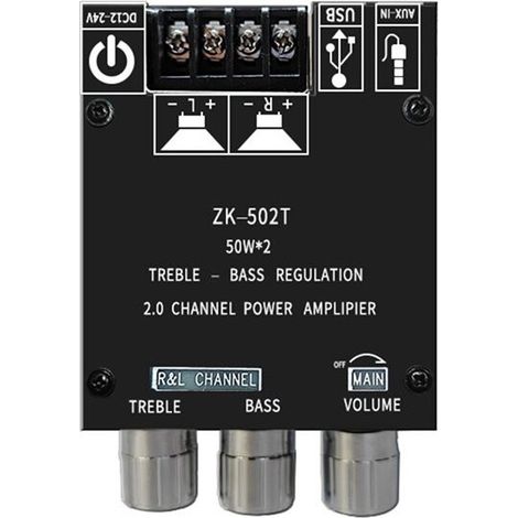 Geeignet für die Stereo-Verstärkerplatine ZK-502T 50WX 2, kompatibel mit Kraftfahrzeugen, mit Bluetooth, Zweikanal- und Hoch-/Tieffrequenz-Einstellfunktionen.