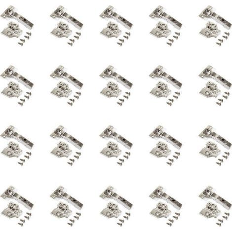 Emuca Lot de 20 charnières droites X91 à fermeture amortie avec embases à visser, Hauteur 0, Acier, Nickelé (1/4)