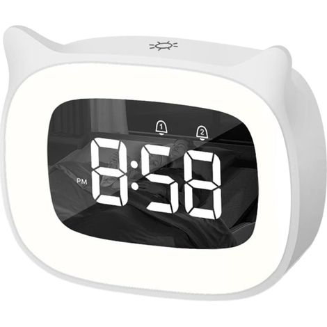 Réveil éducatif pour enfants,Veilleuse chat mignonne,Lampe de chevet avec fonction snooze,Affichage automatique de l'heure(Blanc)