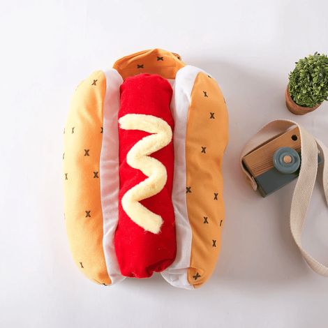 Costume Chien - Déguisement Hot-Dog en Forme de Saucisse avec Moutarde et Pain - Fermeture Velcro au Cou et au Ventre - Pour Chiens et Chats Petits à Moyens - 1 Pièce (1/5)