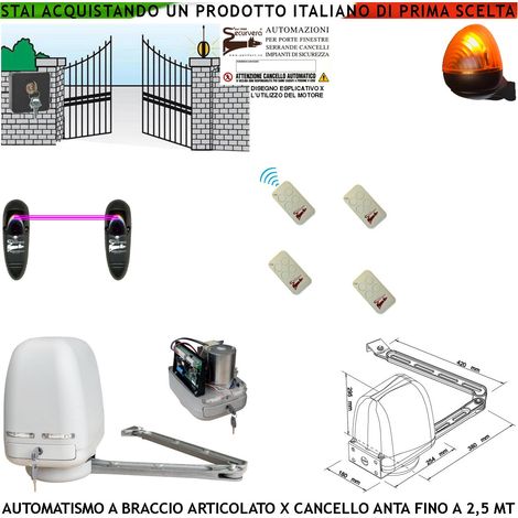 CANCELLO ELETTRICO KIT MOTORE A BRACCIO ARTICOLATO 220/24 V ANTA BATTENTE DA 0,5 A 2,5 MT CENTRALE 4 RADIOCOMANDI FARO SELETTORE FOTOCELLULE (1/4)