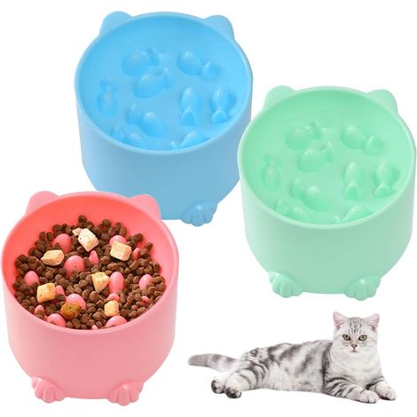 3 gamelles anti-glouton surélevées ludiques (bleu/rose/vert), anti-vomissement chat/petit chien