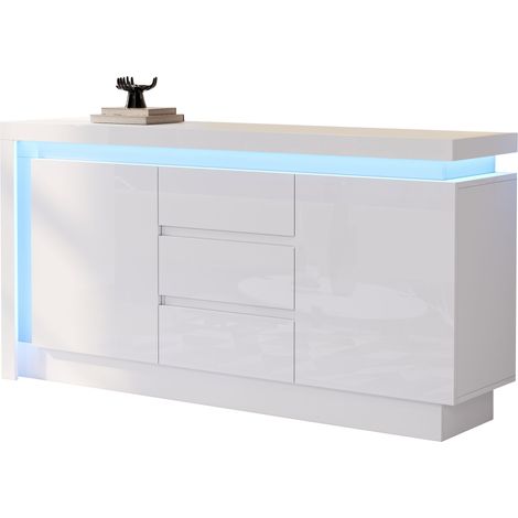 Buffet 140x35x72 cm avec 3 tiroirs, étagères réglables et 2 portes, meuble de rangement blanc pour salon et chambre