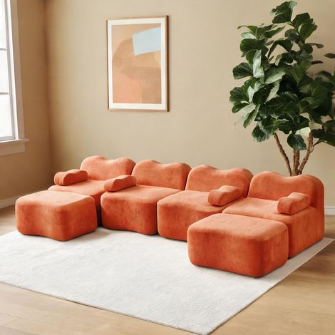 Canapé modulable d'angle 4 places en velours orange 384 x 167 x (1/5)