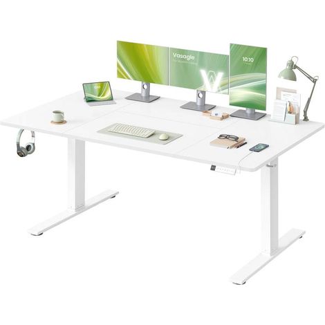 Bureau électrique réglable en hauteur 160 x 80 cm fonction mémoire 3 hauteurs avec port USB-C style rustique en aggloméré blanc (1/2)