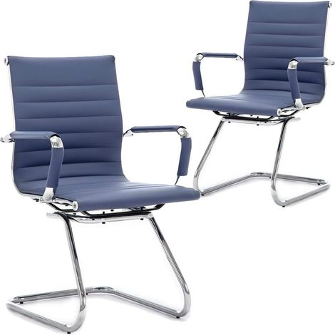 Bürostuhl Chefsessel Ergonomisch für Konferenzzimmer aus Kunstleder mit Chrom Armlehnen und Metallfuß Blau 2er Set Wahson (1/5)