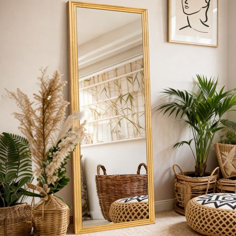 Specchio da terra rettangolare 160 x 50 cm con piede regolabile, telaio in legno marrone HAVRYA (1/3)