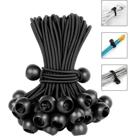 30 Pièces Tendeur Elastique avec Boules - Corde Elastique pour Bache pour Pavillon, Bâche, Tente, Camping, Bannière - 15CM - Noir (1/4)