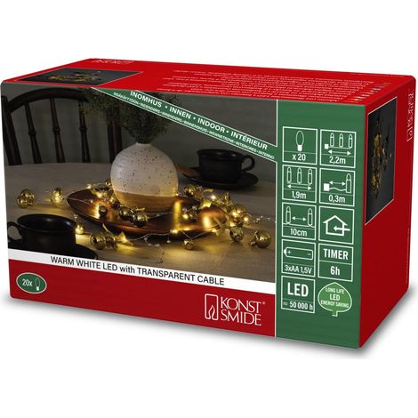 Guirlande lumineuse décorative à LED, perles, couleur laiton et rouge, avec minuterie 6h, 20 diodes blanc chaud, à piles, intérieur, Câble transparent (1/4)