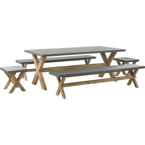 Ensemble de Repas de Jardin pour 8 Personnes Table 2 Tabourets et 2 Bancs en Béton avec Pieds en Bois pour Extérieur au Style Scandinave Beliani (1/5)