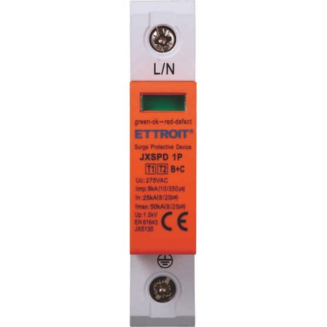 Scaricatore di sovratensione 220V Tipo T1+T2 B+C 1P Polo 275V 25kA-50kA Occupa 1 Modulo DIN Ettroit JX5130