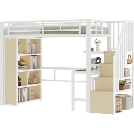 Lit mezzanine 90x200 cm avec bureau, rangements intégrés, escalier coffre et bande LED, structure métal et MDF, blanc, sans matelas  CHICFURN (1/5)